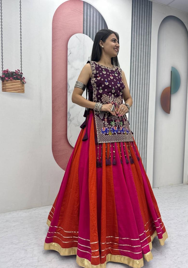 Purple Sequin Work Silk Chaniya Choli Set For Navratri And Garba - Indya