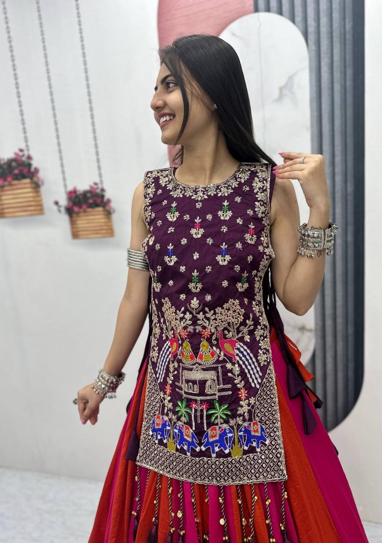 Purple Sequin Work Silk Chaniya Choli Set For Navratri And Garba - Indya