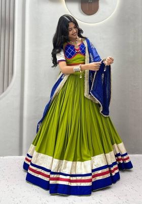 Olive Green Ribbon Work Cotton Chaniya Choli Set For Navratri And Garba