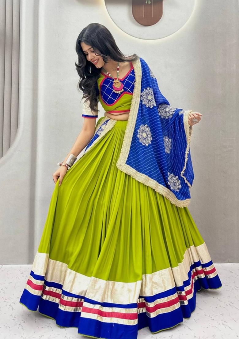 Olive Green Ribbon Work Cotton Chaniya Choli Set For Navratri And Garba - Indya