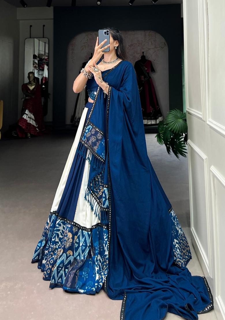 Blue Mirror Work Rayon Chaniya Choli Set For Navratri And Garba - Indya