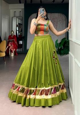 Parrot Green Zari Work Cotton Chaniya Choli Set For Navratri And Garba