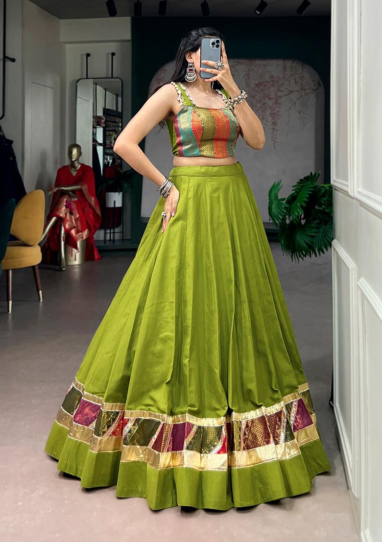 Parrot Green Zari Work Cotton Chaniya Choli Set For Navratri And Garba - Indya