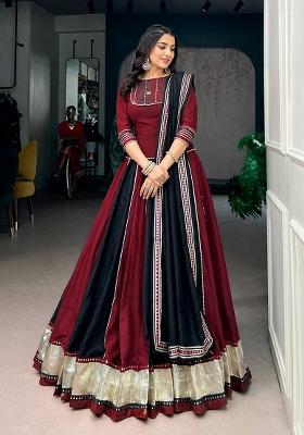 Maroon Lace Work Chinon Chaniya Choli Set For Navratri And Garba