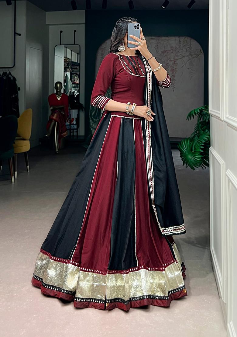 Maroon Lace Work Chinon Chaniya Choli Set For Navratri And Garba - Indya