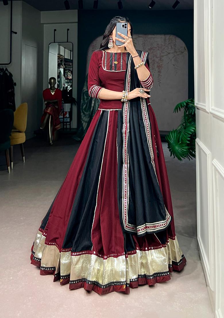 Maroon Lace Work Chinon Chaniya Choli Set For Navratri And Garba - Indya