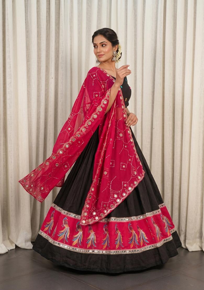 Black Embroidered Silk Lehenga Set - Indya