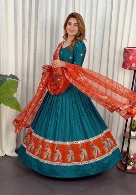 Teal Embroidered Silk Lehenga Set