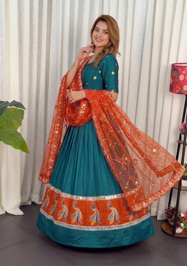Teal Embroidered Silk Lehenga Set - Indya
