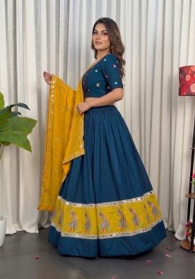 Navy Blue Embroidered Silk Lehenga Set