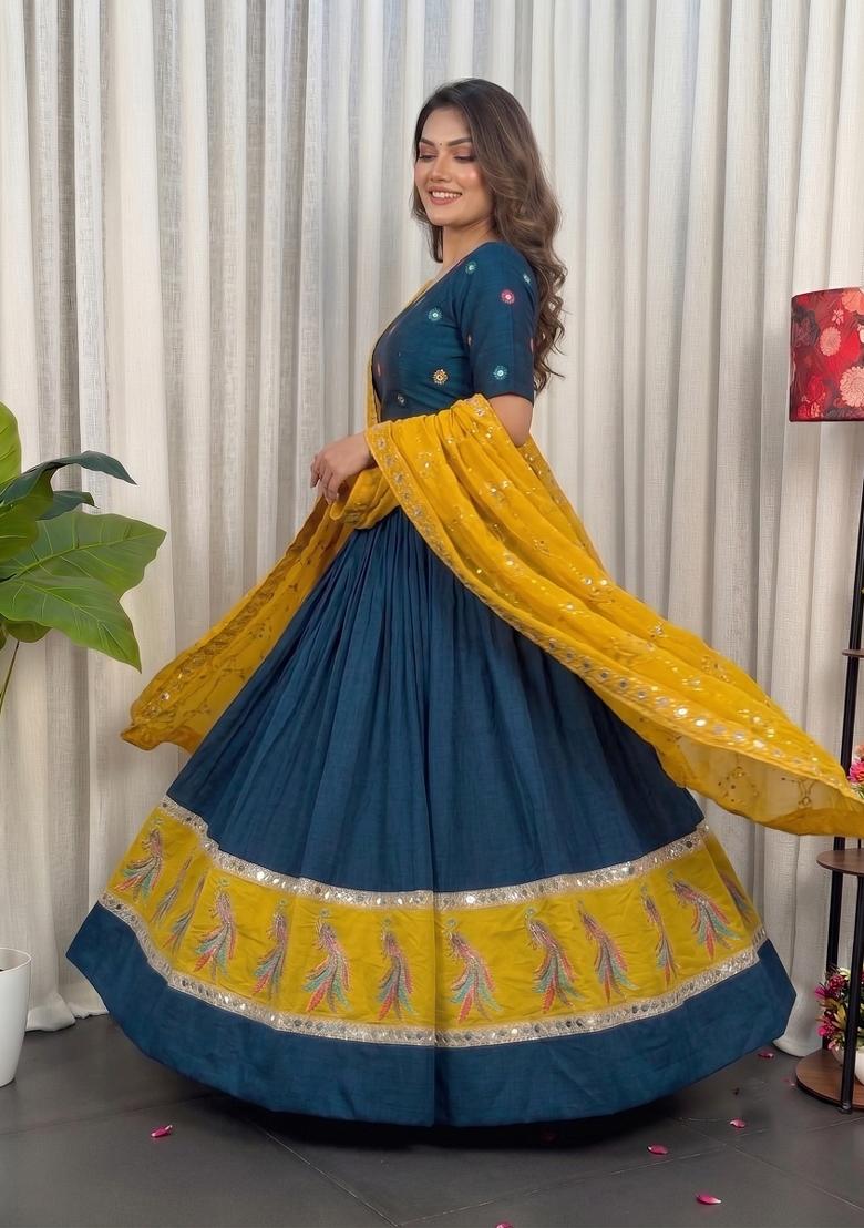 Navy Blue Embroidered Silk Lehenga Set - Indya