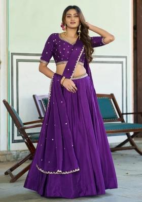 Purple Embroidered Silk Lehenga Set