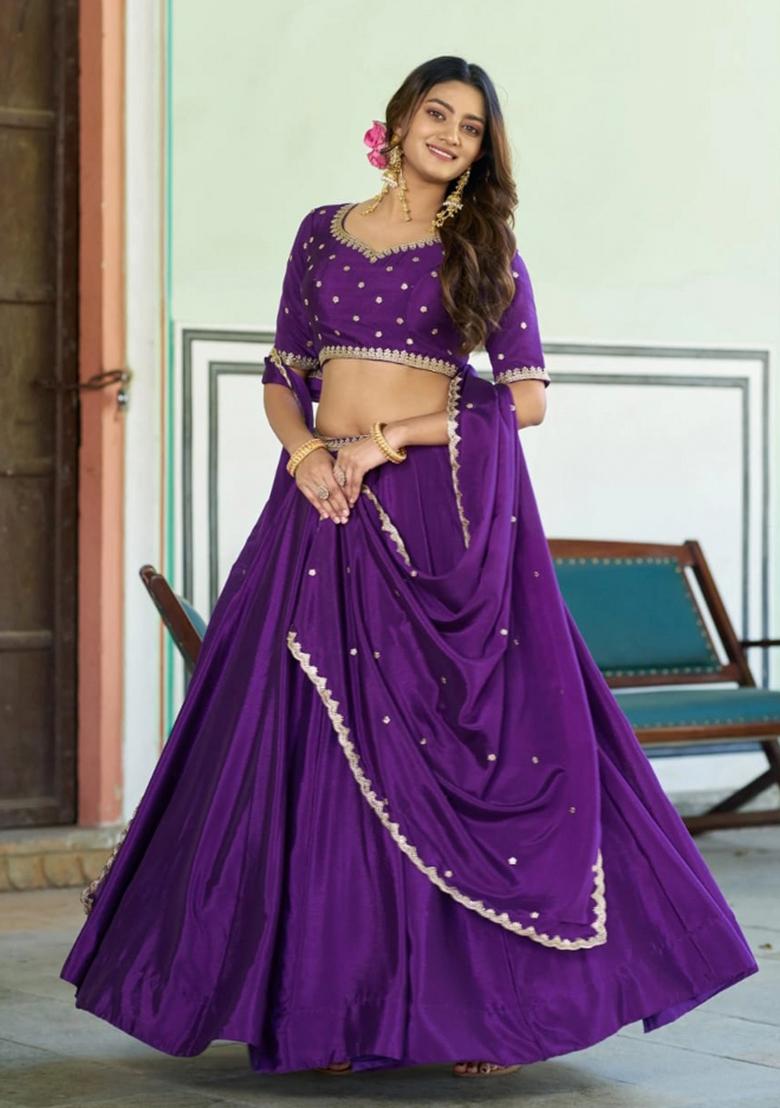 Purple Embroidered Silk Lehenga Set - Indya