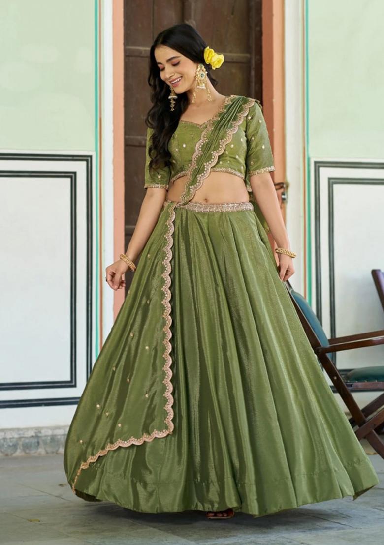 Light Green Embroidered Silk Lehenga Set - Indya