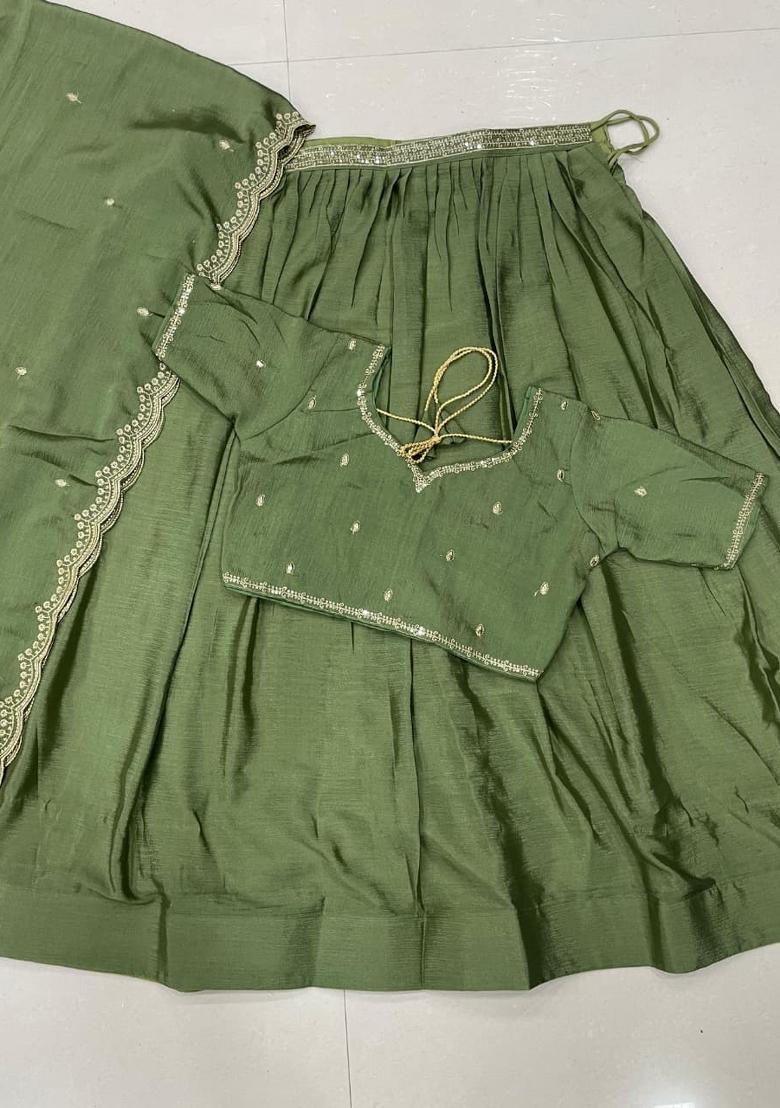 Light Green Embroidered Silk Lehenga Set - Indya