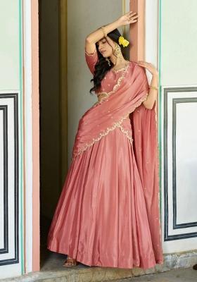 Peach Embroidered Silk Lehenga Set