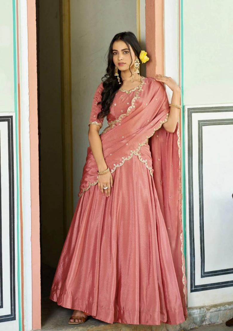 Peach Embroidered Silk Lehenga Set - Indya