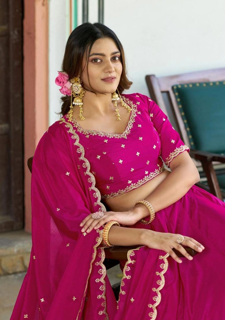 Rani Pink Embroidered Silk Lehenga Set - Indya