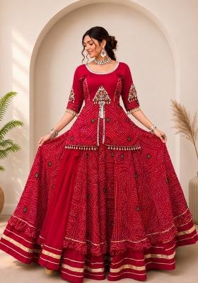 Red Printed Rayon Lehenga Set