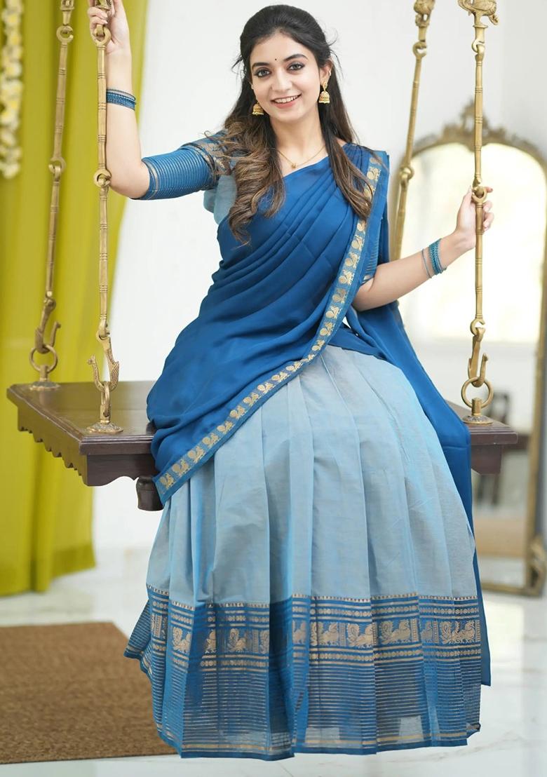 Light Sky Blue Woven Deisgn Silk Lehenga Set - Indya