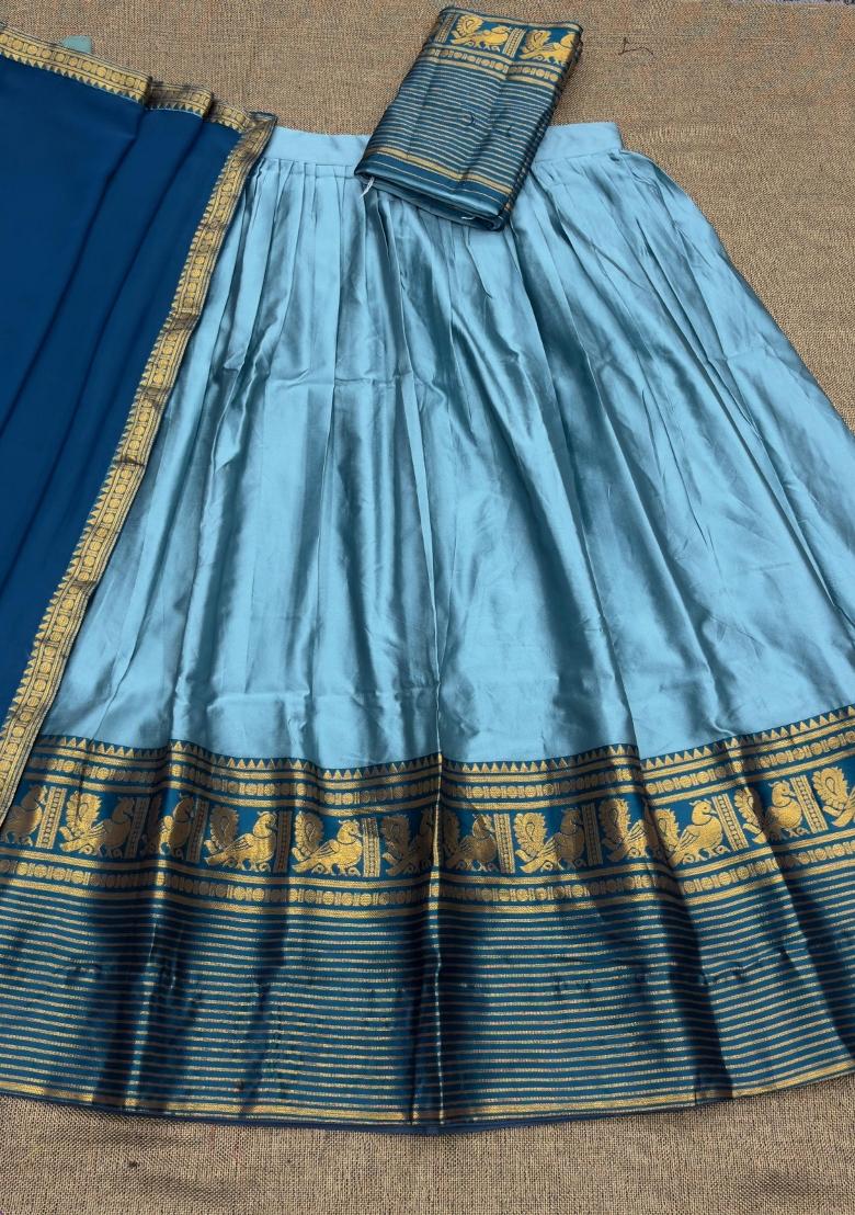 Light Sky Blue Woven Deisgn Silk Lehenga Set - Indya