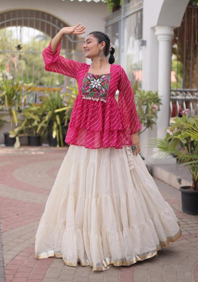 White Lehariya Cotton Navratri Lehenga Choli - Indya