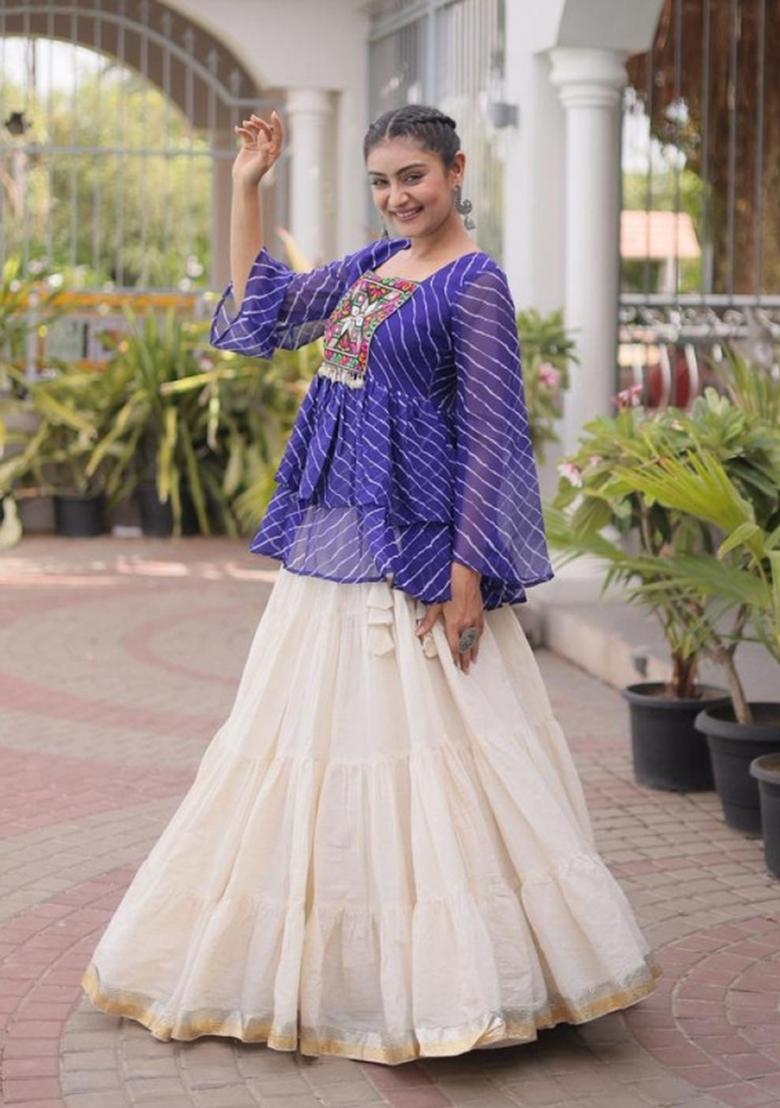 White Lehariya Cotton Navratri Lehenga Choli - Indya