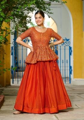 Orange Embroidered Silk Lehenga Set