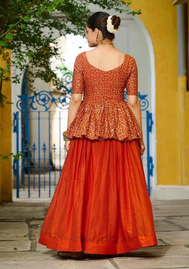 Orange Embroidered Silk Lehenga Set - Indya