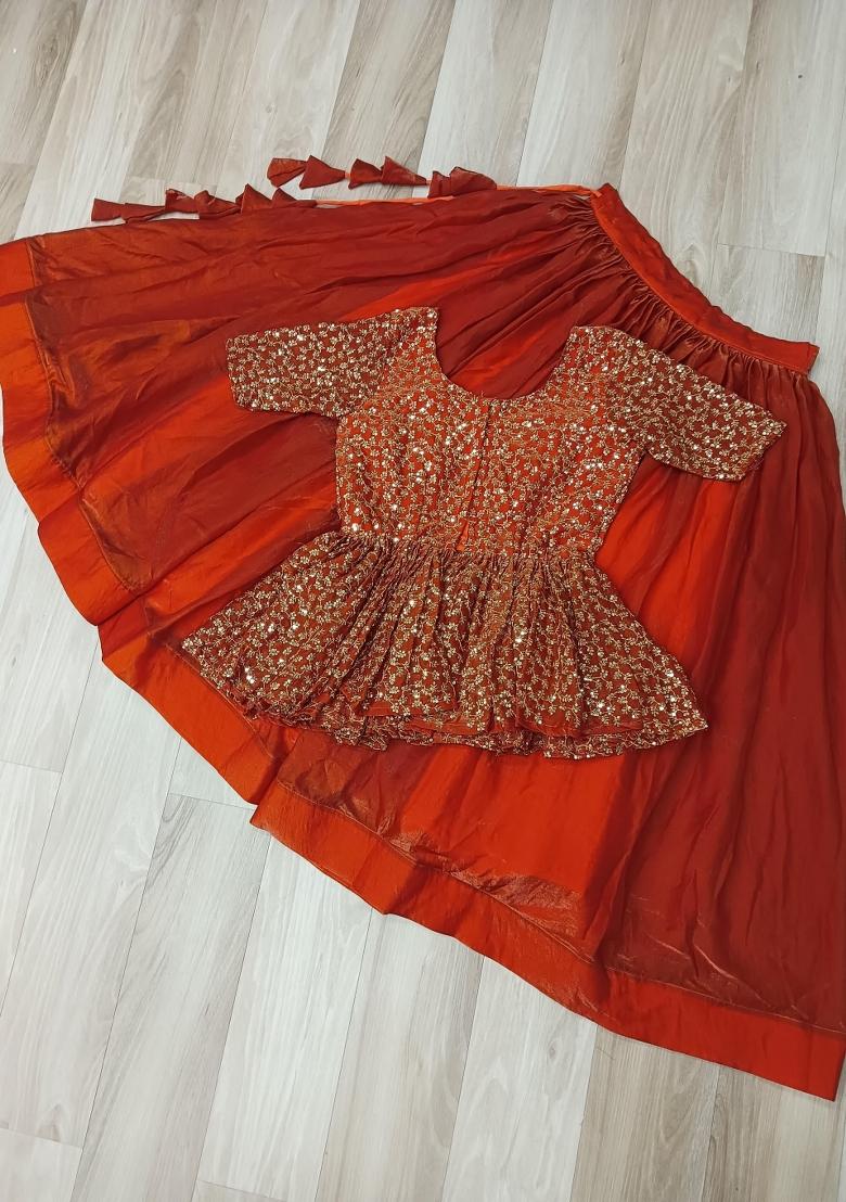 Orange Embroidered Silk Lehenga Set - Indya