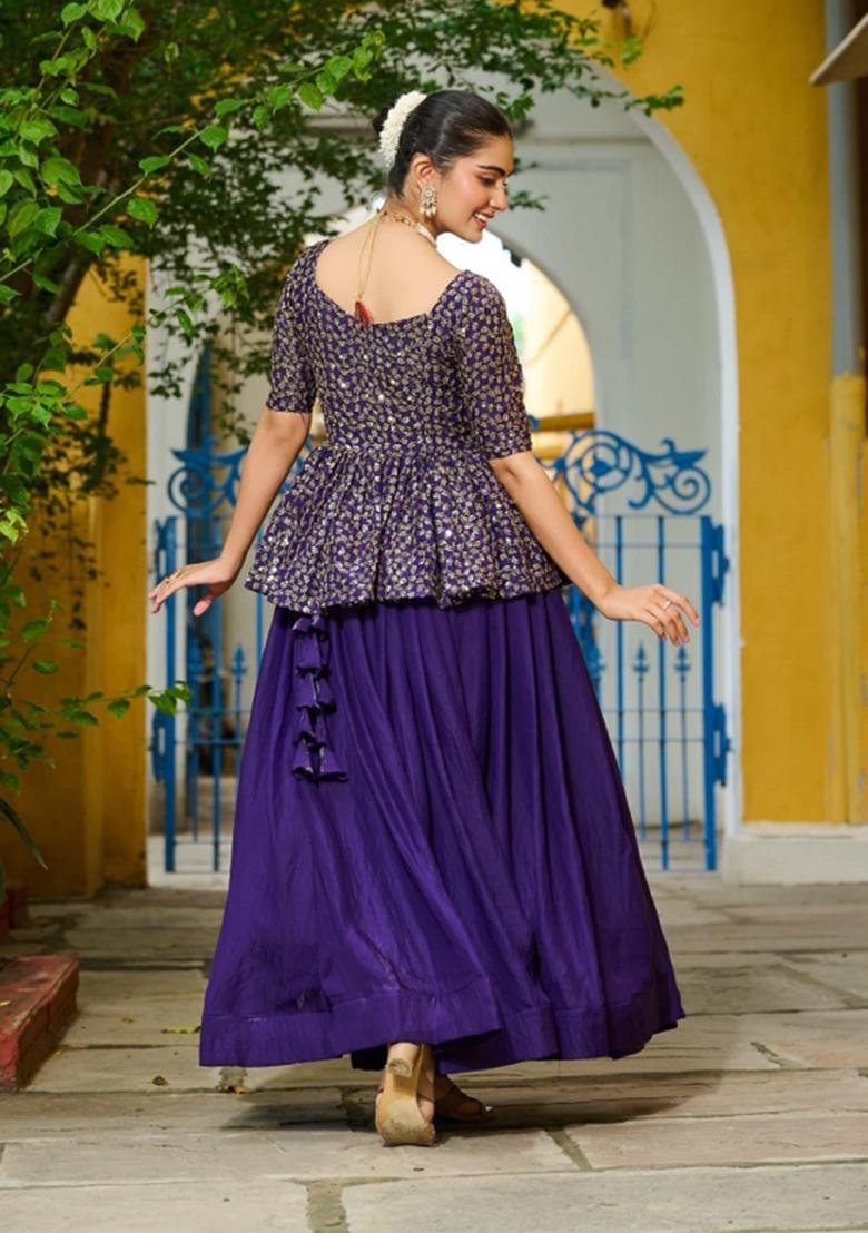 Violet Embroidered Silk Lehenga Set - Indya