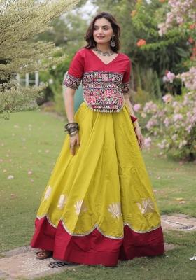 Yellow Mirror Work Silk Navratri Lehenga Choli
