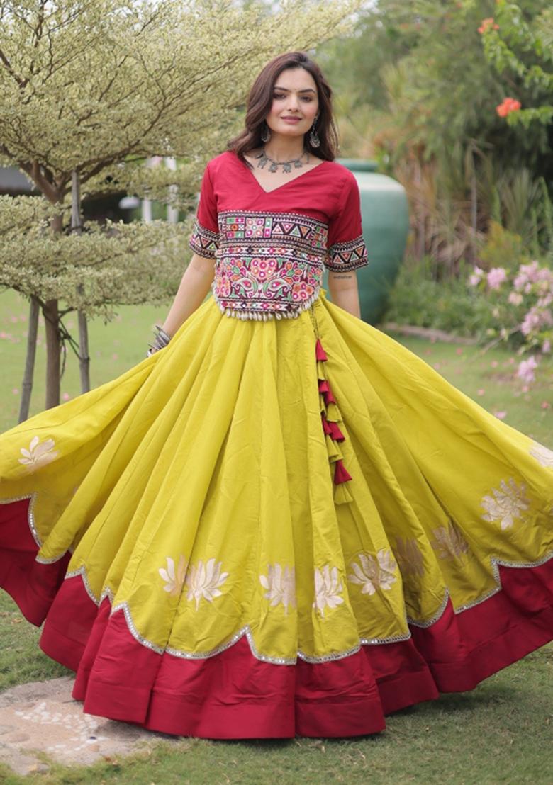 Yellow Mirror Work Silk Navratri Lehenga Choli - Indya