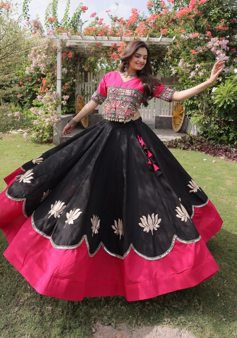 Black Mirror Work Silk Navratri Lehenga Choli - Indya