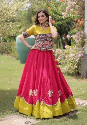 Rani Pink Mirror Work Silk Navratri Lehenga Choli