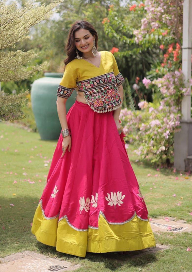 Rani Pink Mirror Work Silk Navratri Lehenga Choli - Indya