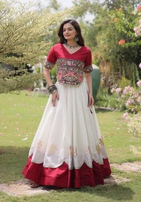 White Mirror Work Silk Navratri Lehenga Choli