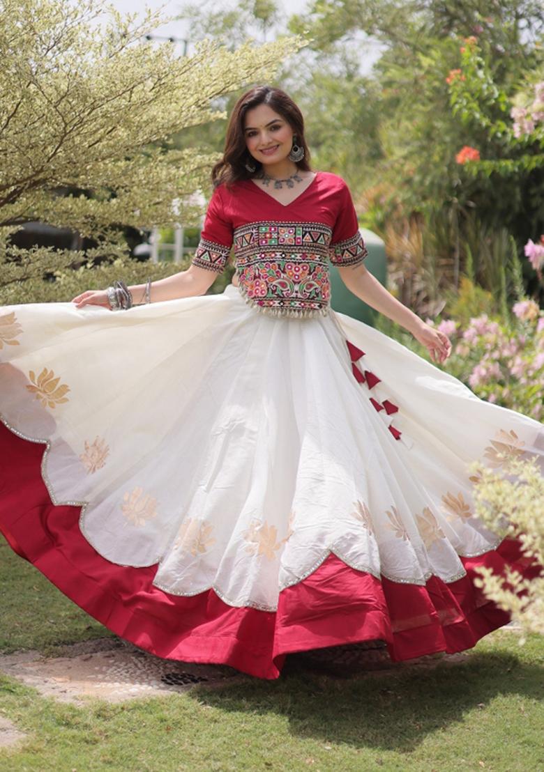 White Mirror Work Silk Navratri Lehenga Choli - Indya