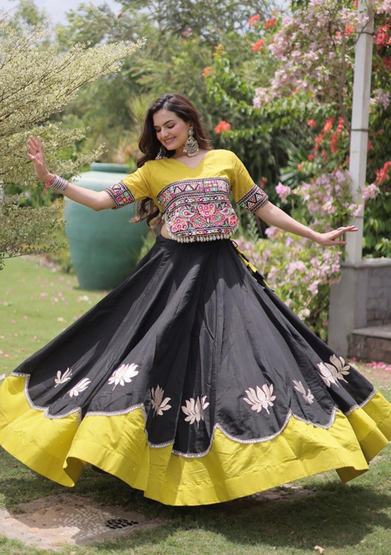 Black Mirror Work Silk Navratri Lehenga Choli - Indya