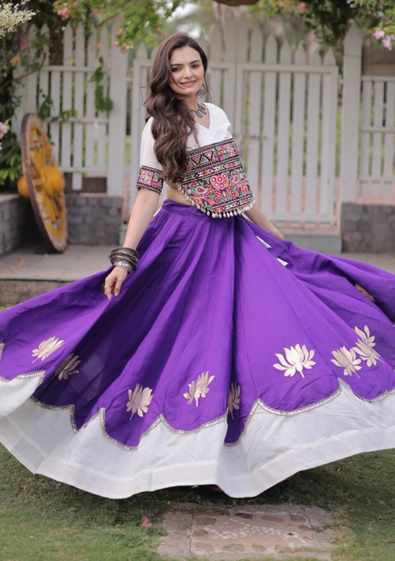 Violet Mirror Work Silk Navratri Lehenga Choli - Indya