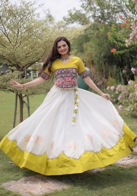 White Mirror Work Silk Navratri Lehenga Choli