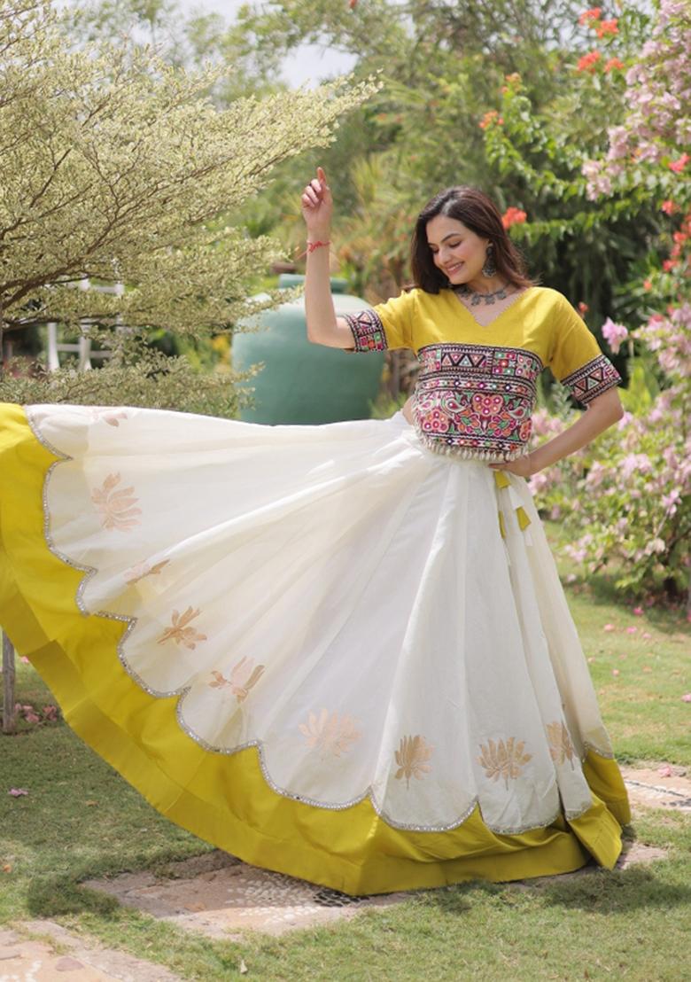 White Mirror Work Silk Navratri Lehenga Choli - Indya