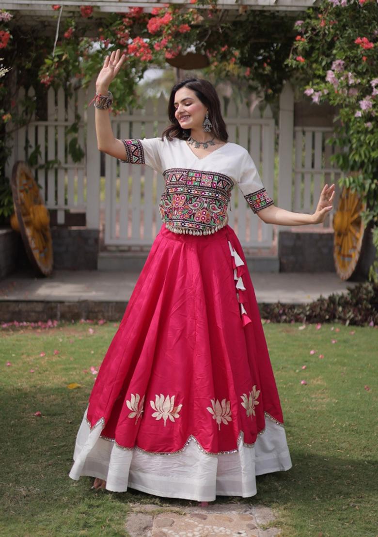 Rani Pink Mirror Work Silk Navratri Lehenga Choli - Indya