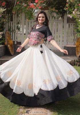 White Mirror Work Silk Navratri Lehenga Choli
