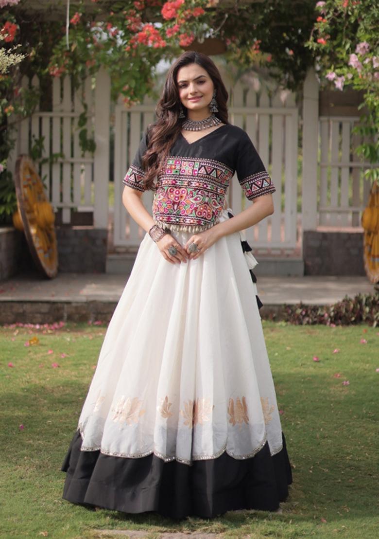 White Mirror Work Silk Navratri Lehenga Choli - Indya