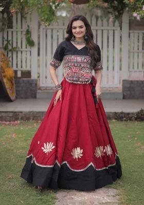 Red Mirror Work Silk Navratri Lehenga Choli