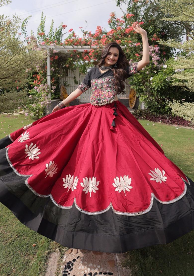 Red Mirror Work Silk Navratri Lehenga Choli - Indya