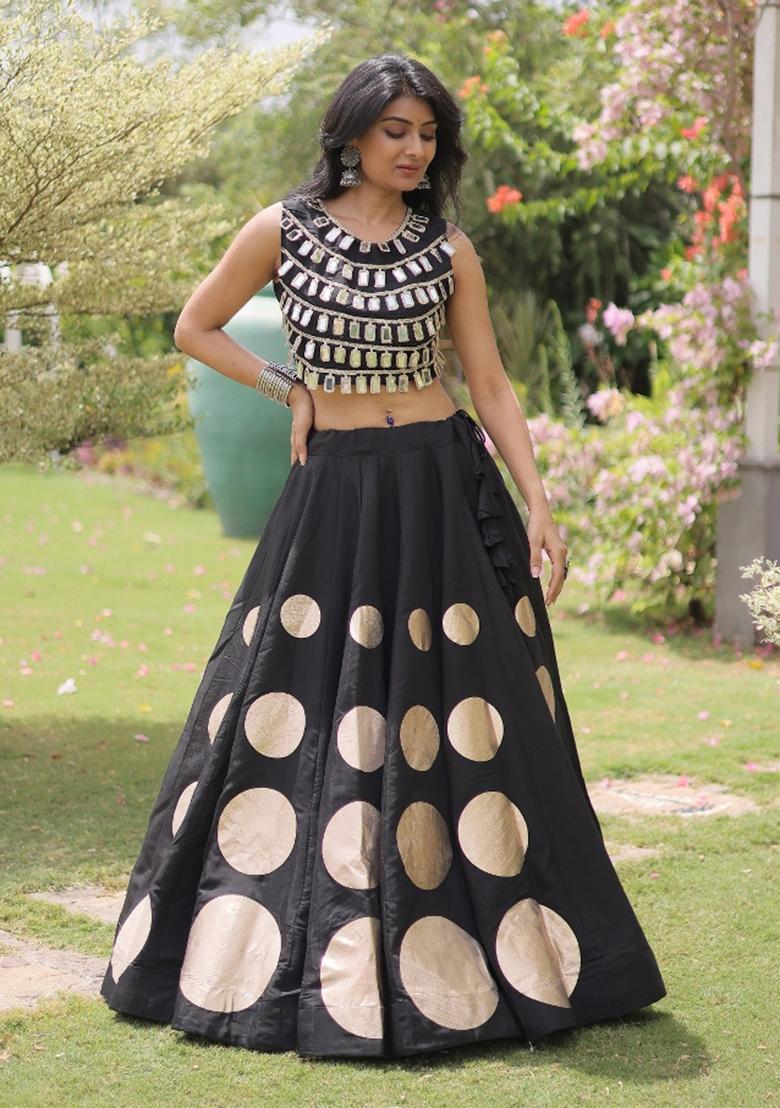 Black Mirror Work Silk Navratri Lehenga Choli - Indya