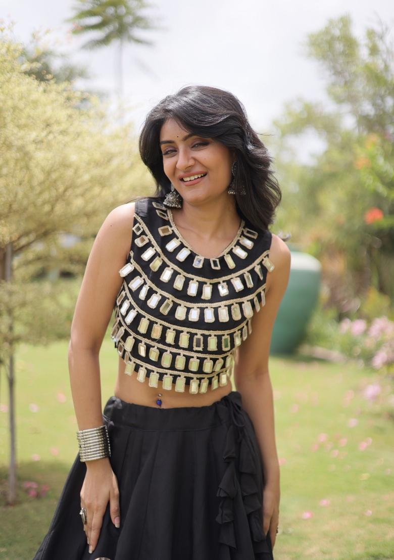 Black Mirror Work Silk Navratri Lehenga Choli - Indya