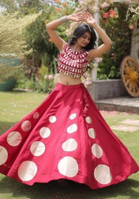 Red Mirror Work Silk Navratri Lehenga Choli